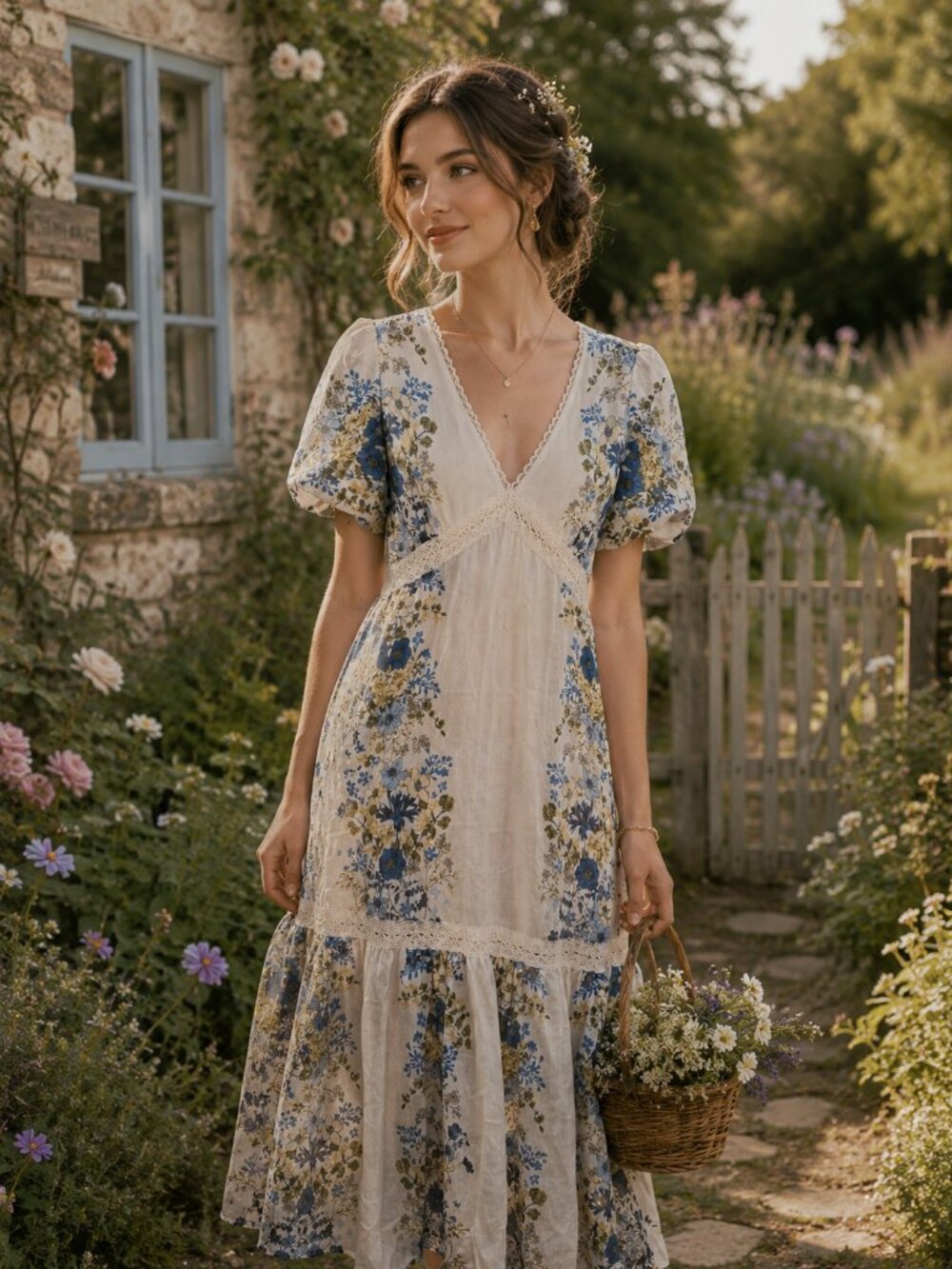 Taylor Floral Maxi Puff Sleeves Prairie Croquette Ivory Blue Dress Sz 8